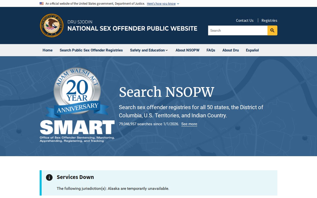National Sex Offender Public Website search page for cross-state registry checks